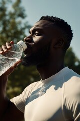 Poster - A person drinking water from a plastic bottle