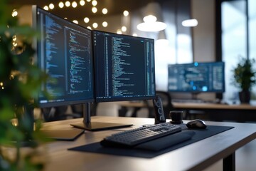 Poster - A computer desk with two monitors and a keyboard