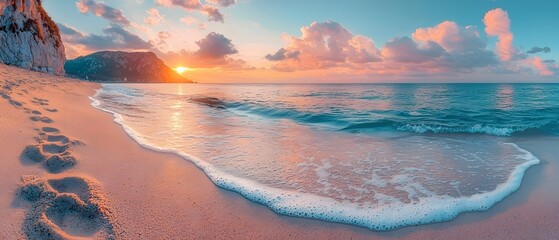 Aufkleber - Serene Beach Sunset with Gentle Waves and Soft Sand Footprints on a Coastal Paradise Under Colorful Cloudy Sky