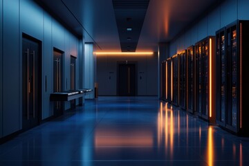 Poster - A long hallway with many computer servers