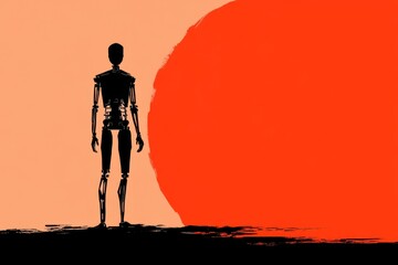 Aufkleber - A single robot silhouette with a simple boxy design, placed on a neutral gradient background in a minimalist composition