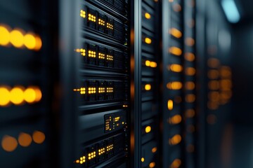 Poster - A row of computer servers with yellow lights on