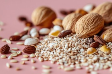 Poster - A variety of nuts and grains arranged on a bright pink surface, ideal for food styling or photography projects