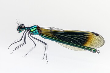 Poster - A dragonfly perches on a white surface, its green and blue colors vibrant