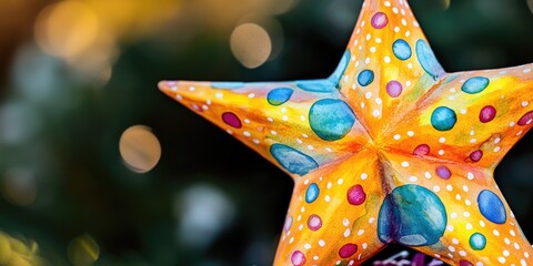 Poster - A colorful star-shaped decoration hanging from a Christmas tree, perfect for holiday celebrations and decorations