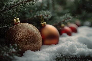 Poster - A close-up shot of various ornaments scattered on snowy ground, perfect for winter-themed projects