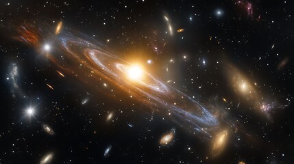 A realistic galaxy illustration featuring vibrant and colorful nebulae, star clusters, and cosmic dust.