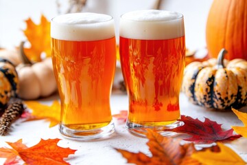 Poster - Two glasses of beer placed on a table, perfect for a social gathering or outdoor event