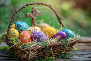 Poster - Colorful Easter eggs in a woven basket placed on a rustic wooden table, perfect for springtime or Easter celebrations