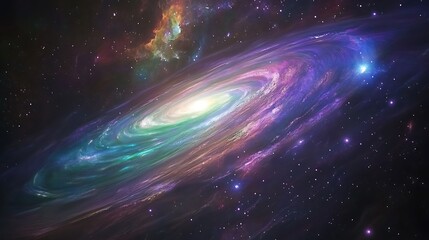 A realistic galaxy illustration with vibrant, swirling colors like emerald green, sapphire blue, and magenta. 