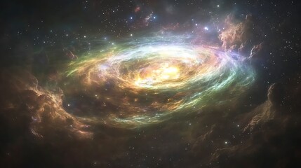 A realistic galaxy illustration with vibrant, swirling colors like emerald green, sapphire blue, and magenta. 