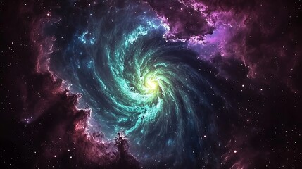 A realistic galaxy illustration with vibrant, swirling colors like emerald green, sapphire blue, and magenta. 