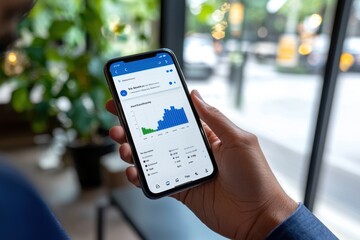 Poster - A person is holding a cell phone that is displaying a graph of the weather