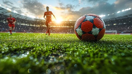 Aufkleber - Dynamic Action Shot of Soccer Players in Red Jerseys Running Towards a Wet Soccer Ball on a Lush Green Field During Sunset with a Beautiful Sky in the Background