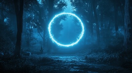Poster - Enigmatic Blue Portal in Mystical Forest at Nighttime