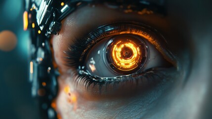 Poster - Futuristic Cybernetic Eye with Glowing Orange and Metallic Details