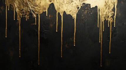 Poster - golden drips on black canvas creating unique abstract art texture