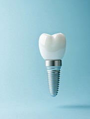 Aufkleber - Detailed view of a dental implant featuring a porcelain crown, highlighting its intricate design against a soft blue backdrop. Generative AI