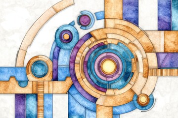 Aufkleber - A watercolor painting of a futuristic automated city, blending soft pastel tones and glowing robotic elements