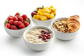 Poster - A colorful breakfast features porridge with berries, fresh fruits, granola, and a flaky croissant, ideal for a sunny day. Generative AI