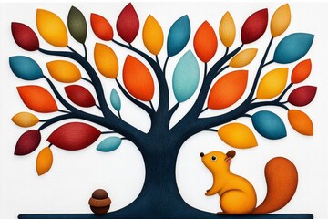 Poster - A whimsical 2D drawing of a tree shedding colorful leaves, with a small squirrel collecting acorns, all on a white backdrop