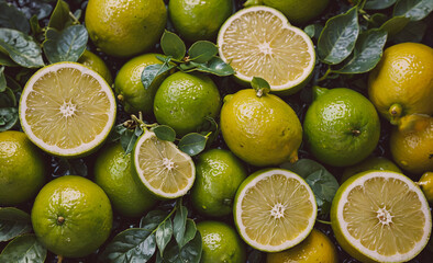 Aufkleber - Bunch of green limes with some of them cut open. The limes are on top of some leaves