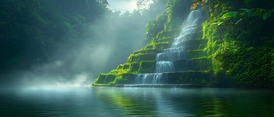 Poster - Serene Cascading Waterfalls Surrounded by Lush Greenery in a Misty Forest Landscape, Captivating Nature Scene in Tranquil Environment