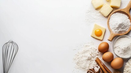 Poster - Essential baking ingredients like flour, eggs, and butter are neatly arranged on a white surface with space for additional text or notes. Generative AI