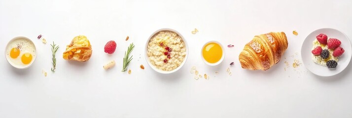 Poster - A variety of breakfast foods are beautifully arranged, featuring porridge topped with berries, a flaky croissant, and a fresh omelet alongside fruit. Generative AI