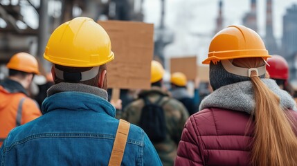 Construction workers with signs at labor rally. Worker rights and protest movement