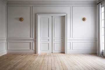 Poster - Bright White Interior with Textured Wall and Light Wooden Flooring