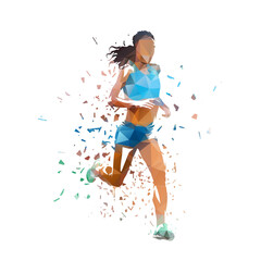 Wall Mural - Athletics, track and field. Run, running woman, isolated low polygonal distorted vector runner illustration. Front view.