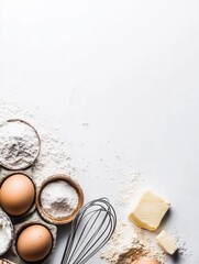 Poster - Baking essentials include flour, eggs, whisk, and butter neatly arranged, offering a blank space for recipe details or notes. Generative AI