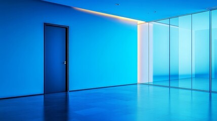 Poster - Exploration of Modern Architecture With a Striking Blue Ambiance Highlighting Minimalist Design Elements and a Glass Partition