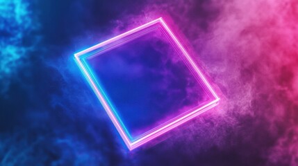 Poster - Glowing Neon Rectangular Frame Floating in Dark Atmosphere with Colorful Smoke Background