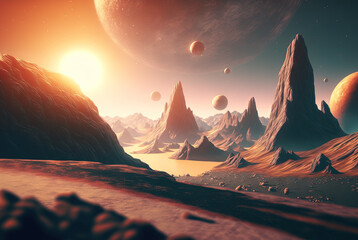 Poster - Alien sci-fi landscape with mountains on the sunrise. Science fiction scene of a distant planet.