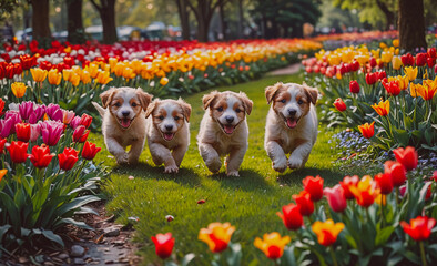 Aufkleber - Four puppies running through a field of flowers. The flowers are in various colors, including red, yellow, and purple