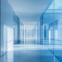 Poster - Calm and Serene Modern Hallway Bathed in Soft Blue Light Reflecting Tranquility and Architectural Elegance in a Contemporary Structure