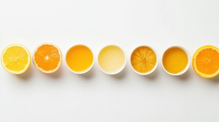 Poster - Fresh oranges and different styles of orange beverages are arranged in a straight line on a clean, bright white surface. Generative AI