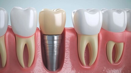 Aufkleber - Detailed depiction of a dental implant with a porcelain crown, illustrating its placement among adjacent teeth in a clinical setting. Generative AI