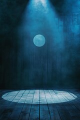 Poster - Mysterious Stage Illuminated by Soft Blue Light With a Glowing Moon Overhead, Creating an Enchanting Atmosphere in a Darkened Space