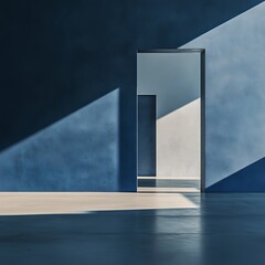 Poster - Shadows and Light Play in a Minimalist Architectural Space With Rich Blue Walls and an Open Doorway Leading to an Inviting Ambiance at Dusk
