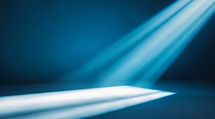Poster - Bright Beams of Light Break Through Darkness, Illuminating a Vibrant Blue Stage With an Ethereal Glow, Perfect for an Enchanting Performance or Artistic Presentation