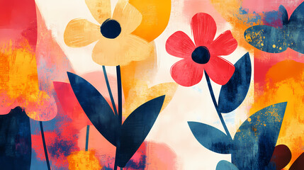 Wall Mural - digital illustration of flowers and colorful shapes done in an abstract expressionism style, concept