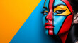 © Butsarakham - A vibrant portrait featuring bold face paint in geometric designs with blue, red, and yellow colors against a contrasting background.