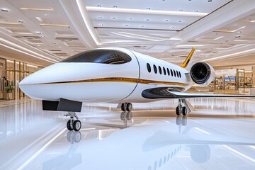 Poster - A 3D rendering of a futuristic airplane concept, displayed with intricate lighting and reflections on a showroom floor