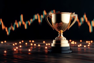 Aufkleber - A 3D-rendered golden trophy with financial symbols, floating above a vibrant digital chart with glowing data points and neon lights