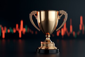 Aufkleber - A 3D-rendered golden trophy with financial symbols, floating above a vibrant digital chart with glowing data points and neon lights