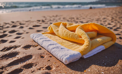 Fototapete - Yellow towel is laying on the sand. The towel is folded and has white stripes