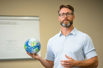 Poster - A classroom scene where a teacher explains Earth axial tilt using a 3D model